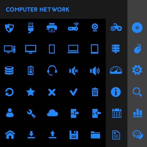 Набор модных плоских иконок большого компьютера и серверных сетей
 - Вектор,изображение