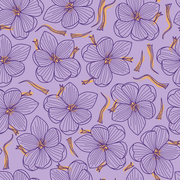 Saffron Threads and Crocus Flowers Seamless Pattern on Purple - Вектор,изображение