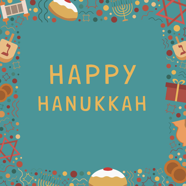 Frame with Hanukkah holiday flat design icons with text in english "Happy Hanukkah". Modèle avec espace pour le texte, isolé en arrière-plan
. - Vecteur, image