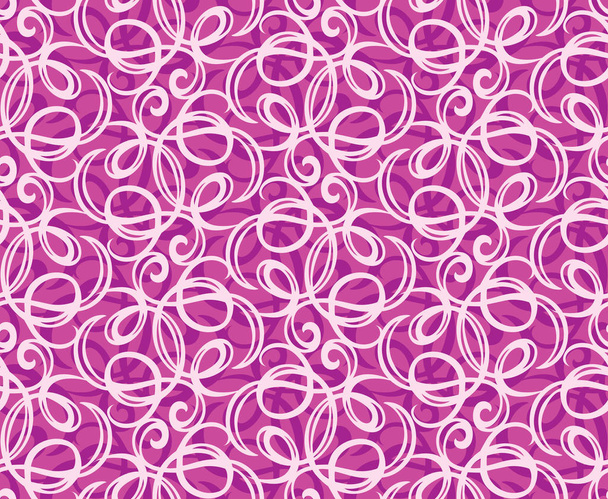 Old romantic crimson round whirl ribbon thread loop bow knot openwork on bright magenta fond. Dark lilac linear curly sketch drawing in art retro curlicue doodle tileable classic whorl deco style - Vector, Image