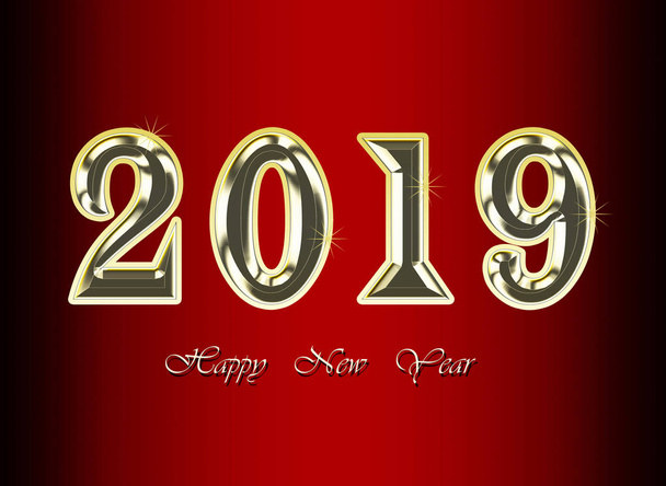 Tarjeta de felicitación Feliz Año Nuevo 2019 - Números dorados brillantes sobre fondo oscuro, ilustración
  - Foto, imagen