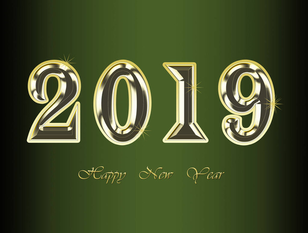 Mutlu yeni yıl 2019 tebrik kartı - illüstrasyon koyu arka plan üzerinde altın parlak sayılar  - Fotoğraf, Görsel
