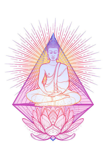 Boeddha mediteren in de lotuspositie één. Hexagram vertegenwoordigen anahata chakra in yoga op een achtergrond. - Vector, afbeelding