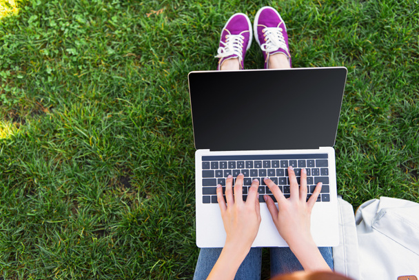 cropped image of freelancer using laptop with blank screen in park - Fotó, kép