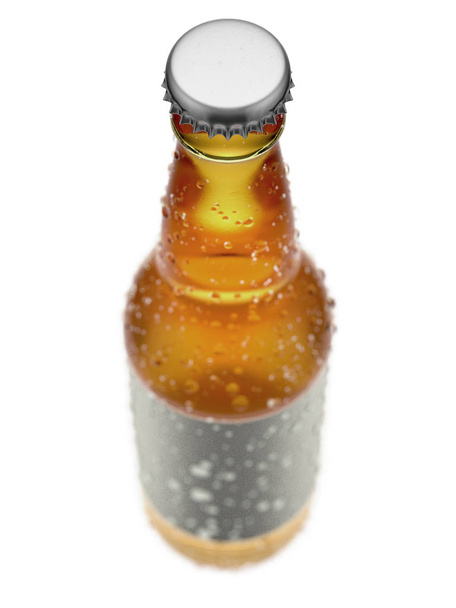 Una botella de cerveza o sidra de vidrio transparente con una etiqueta en blanco y gotas de condensación sobre un fondo de estudio blanco aislado - 3D render
 - Foto, Imagen