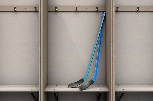 Дві хокейні палички в дерев'яній кубі з лавкою і вішаками в кімнаті спортивної роздягальні 3D рендерингу
 - Фото, зображення
