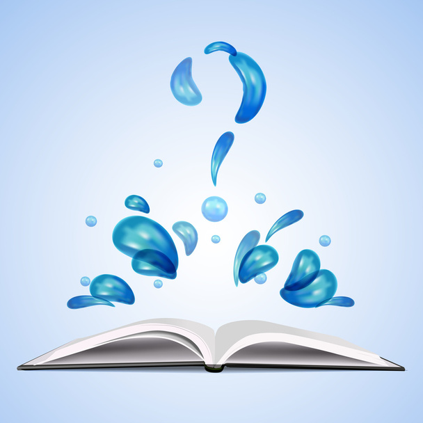Water question mark over open book. - Vektor, Bild