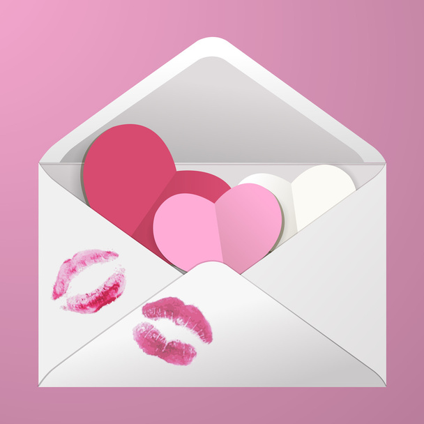 Open envelope with hearts and lipstick kisses. - Vector, Image