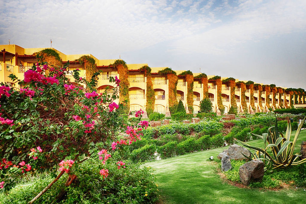 Egyptische tuin hotel als erg leuk het platform achtergrond - Foto, afbeelding