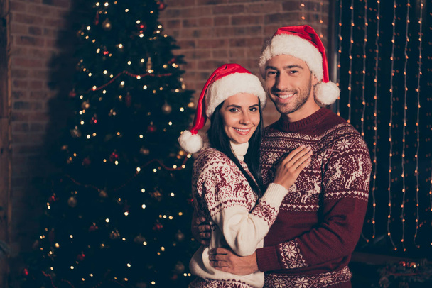 Beautiful, sweet, charming, cute couple in ornament sweater stan - Photo, Image