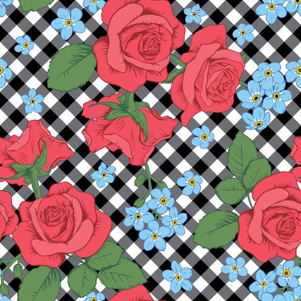 Red roses and myosotis flowers on black and white gingham, chequered background. Seamless pattern. Vector illustartion - Вектор, зображення