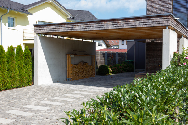 wooden and modern carport in south germany bavarian village area - Photo, Image