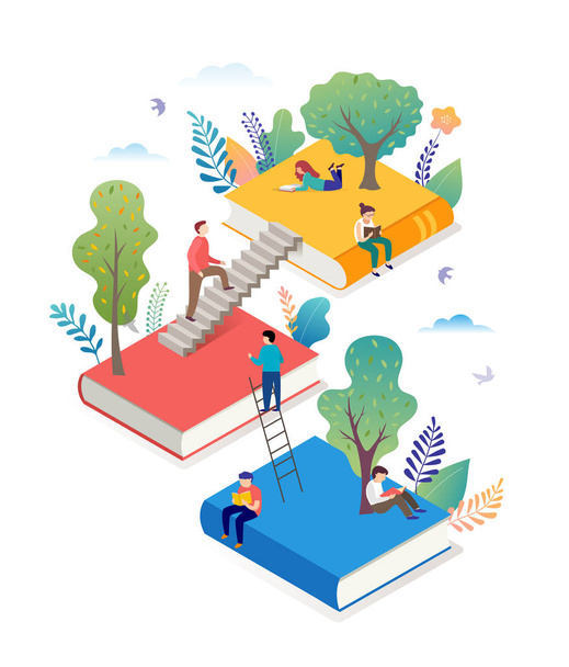 Book festival concept - a group of tiny people reading a huge open book. Vector illustration, poster and banner - Vector, Image