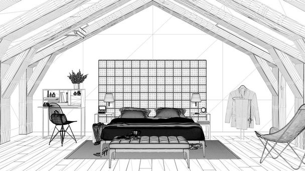 Proyecto de diseño de interiores, boceto de tinta en blanco y negro, plano de arquitectura que muestra el dormitorio contemporáneo, ático loft, arquitectura clásica
 - Foto, Imagen