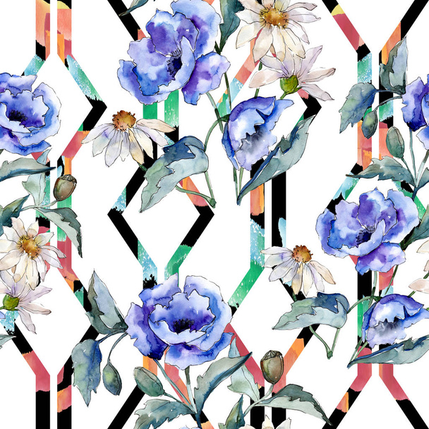Watercolor blue bouquet of poppy flower. Floral botanical flower. Seamless background pattern. - Photo, Image