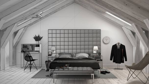 Befejezetlen projekt tervezet vázlatos korabeli szürke hálószobás tetőtéri luxus, az ágy és a szőnyeg, a klasszikus belsőépítészeti - Fotó, kép