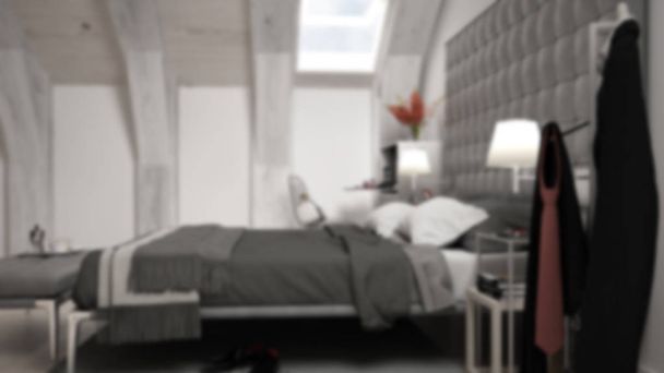ぼかし背景インテリア デザイン、豪華な屋根裏部屋、ベッド、カーペット、古典的な現代的な灰色の寝室 - 写真・画像