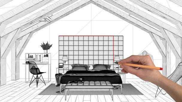 Concepto de proyecto de diseño de interiores, dibujo a mano arquitectura personalizada, boceto de tinta en blanco y negro, plano que muestra dormitorio contemporáneo de lujo
 - Foto, Imagen