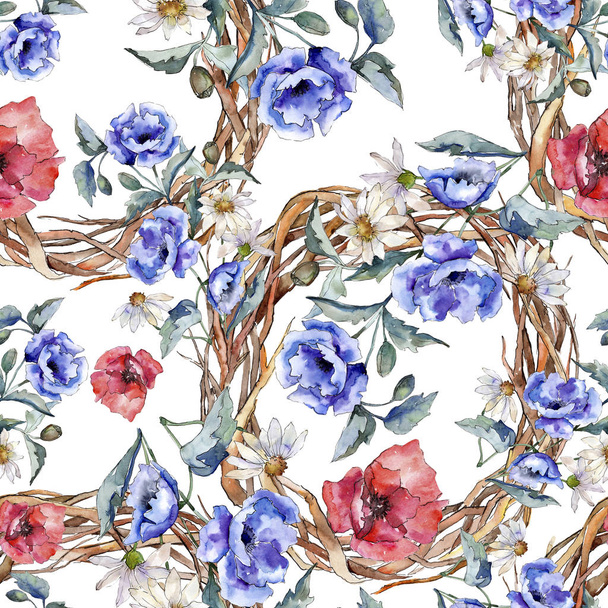 Watercolor blue bouquet of poppy flower. Floral botanical flower. Seamless background pattern. - Фото, изображение