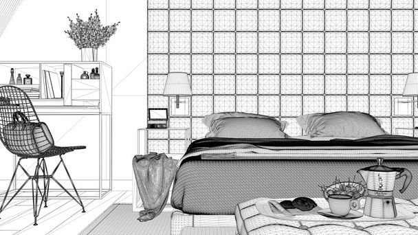 İç mimari proje, siyah ve beyaz mürekkep kroki, gösterilen çağdaş yatak odası, çatı, klasik mimari mimari planı - Fotoğraf, Görsel