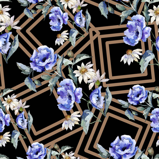 Akvarell kék mák virág csokor. Virágos botanikai virág. Varratmentes háttérben minta. Szövet nyomtatási textúrát. Az Aquarelle vadvirág, a háttér, a textúra, a burkoló minta, a keret. - Fotó, kép