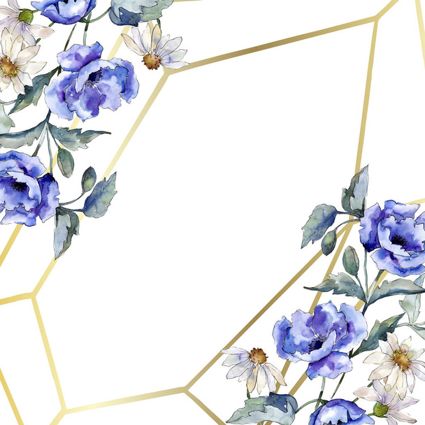 Acuarela ramo azul de flor de amapola. Flor botánica floral. Marco borde ornamento cuadrado
. - Foto, imagen