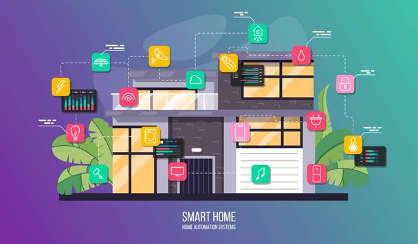 Infografía de automatización de sistemas de casas inteligentes, edificio moderno con salas de sección transversal e iconos
 - Vector, Imagen
