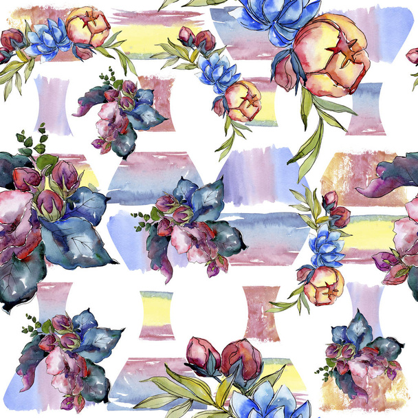 Watercolor colorful bouquet flower. Floral botanical flower. Seamless background pattern. - Фото, зображення