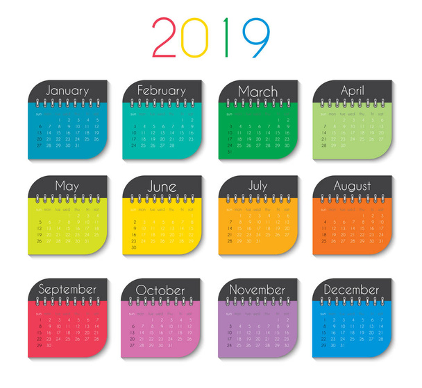 Colorful year 2019 calendar template. Vector Illustration - Vector, Image