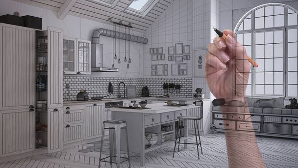 Disegno a mano personalizzato moderno minimalista bianco cucina contemporanea in stile scandinavo. Letto con cuscini da vicino. Progettazione su misura progetto incompiuto architettura interior design
 - Foto, immagini