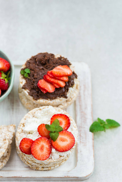 Healthy Snack from Rice Cakes with Hazelnut Spread, Ricotta Chee - Photo, Image