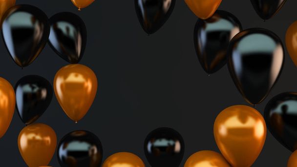 Orange and black balloons floating 3d rendering. Halloween concept. - Valokuva, kuva