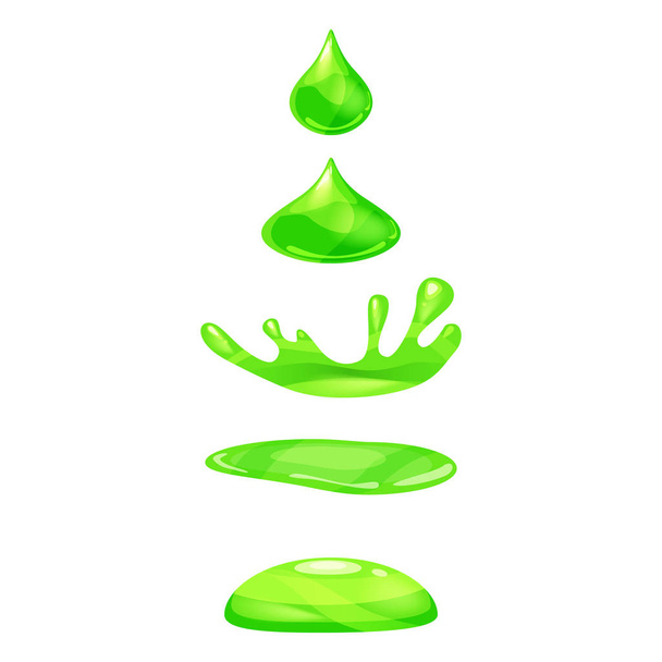 Kropla wody w stanie ciekłym, spada i sprawia, że splash, kolor zielony. Faz, ramki, animacja, kreskówki stylu, wektor, na białym tle - Wektor, obraz