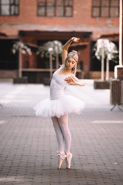 beautiful young ballerina in pointe shoes dancing on city street       - Fotografie, Obrázek