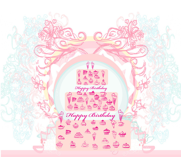 birthday card with cake over vintage background. vector illustra - Вектор,изображение