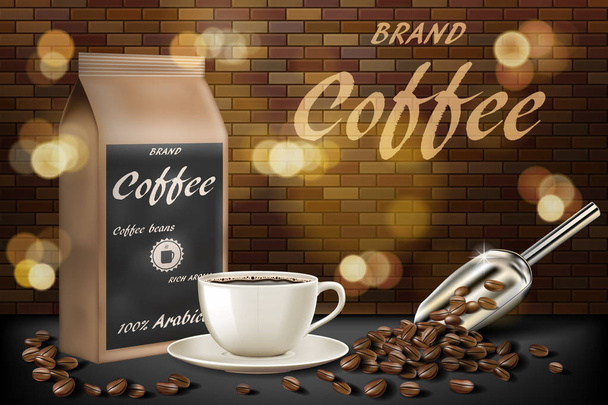 coffee cup with beans ads. 3d illustration of hot arabica coffee mug. Product paper bag package design with brick background. Vector - Vecteur, image