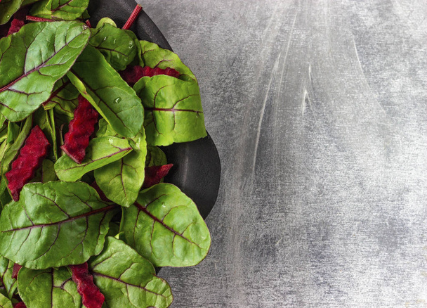 Свежие листья на тарелке, зеленый салат, вегетарианская концепция питания, копировальное пространство
 - Фото, изображение