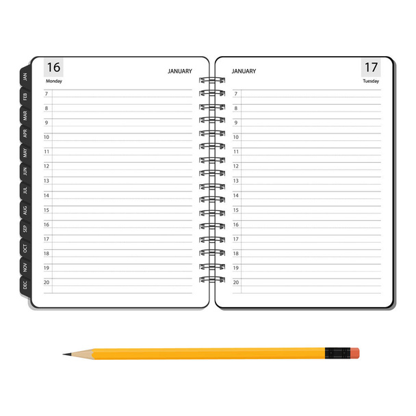 ベクトル図オープン日記、プランナーかノートおよびフラット スタイルで消しゴム付きの鉛筆。事務・業務用品リスト、アラーム、スケジュールや課題. - ベクター画像