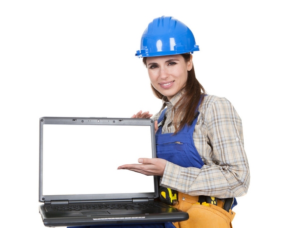 Female Worker Showing Laptop - Fotoğraf, Görsel