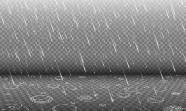 Regen mit Wasserwellen 3D-Effekt isoliert auf transparentem Hintergrund, Herbstregen, realistischer Starkregen-Vordergrund mit unscharfen Tropfen und Kreiswellen, Regen-Design-Vorlage oder Element - Vektor, Bild