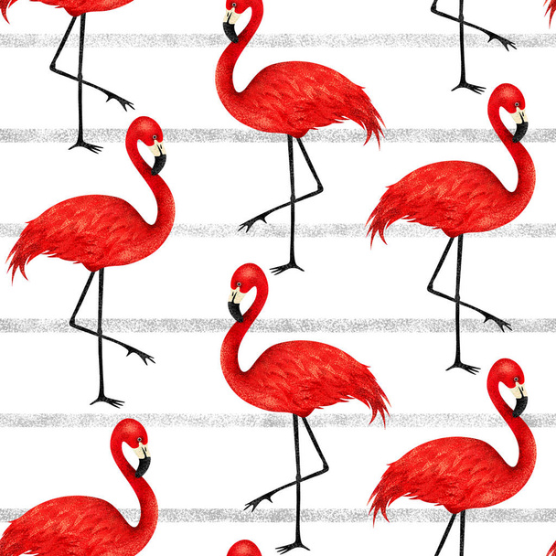 フラミンゴ プリント人気のあるモダンなスタイル。トレンディなシームレス パターン。イラストを描きます。鳥と背景 - 写真・画像