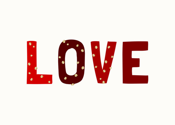 Text Love written with red letters decorated with golden dots - Vector, Image