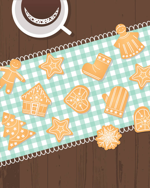 Ginger biscuit and coffee mug, top view. Christmas vector flat illustration with winter holidays traditional cookies. Card with angel, ginger man, Christmas tree, snowflake and other figures - Vector, Image