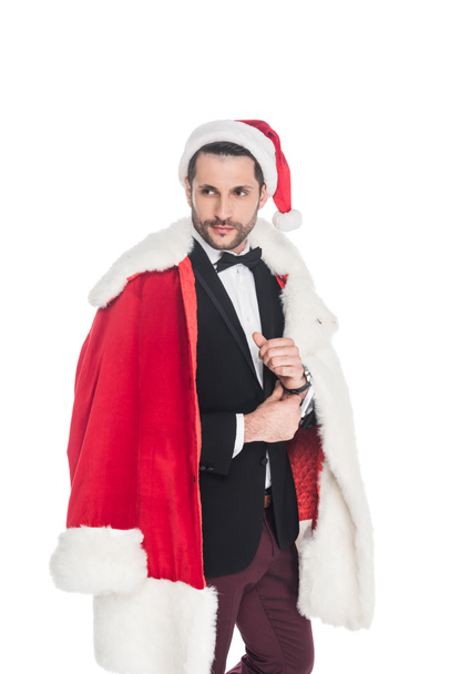 portrait of stylish man in santa claus costume isolated on white - Foto, Imagem