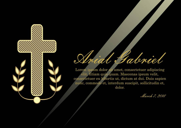 黒い背景に黄金の十字架とローレンスの枝を持つ豪華な死亡記事。豪華なデザインで葬儀のお知らせです。キリスト教の埋葬の要素 - ベクター画像