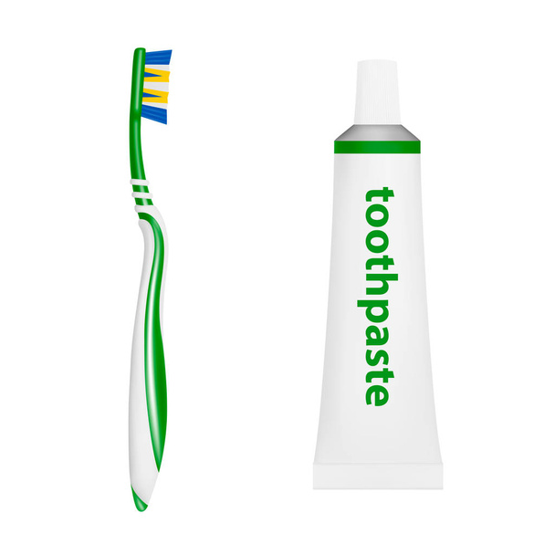 Pasta de dientes y cepillo en vector sobre fondo blanco
. - Vector, Imagen