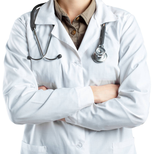 De arts van de vrouw met een stethoscoop. Geïsoleerd op wit. - Foto, afbeelding