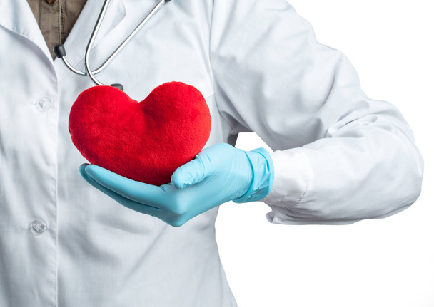 Női kardiológus egységes gazdaság piros szív elszigetelt fehér background - Fotó, kép