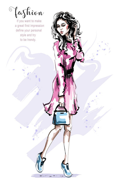Рука намальована красивою молодою жінкою в рожевій сукні. Стильна елегантна дівчина з сумкою. Модний жіночий одяг. Ескіз
.  - Вектор, зображення