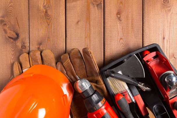 Different work tools on wood background - Photo, Image